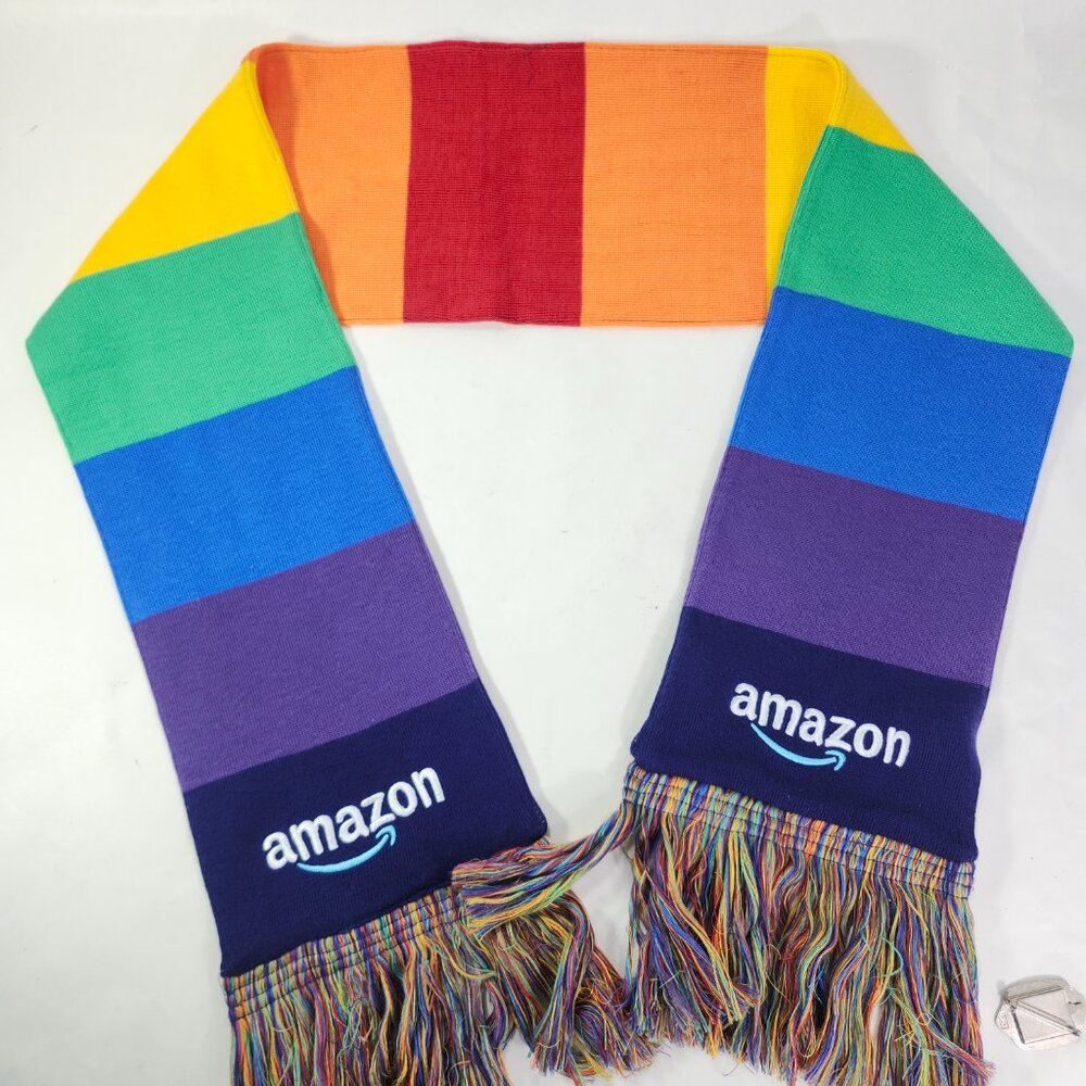 Rainbow Pride Neck Scarf 61"x7" Amazon Promo Embroidered Stitch Logo Fringe Tip